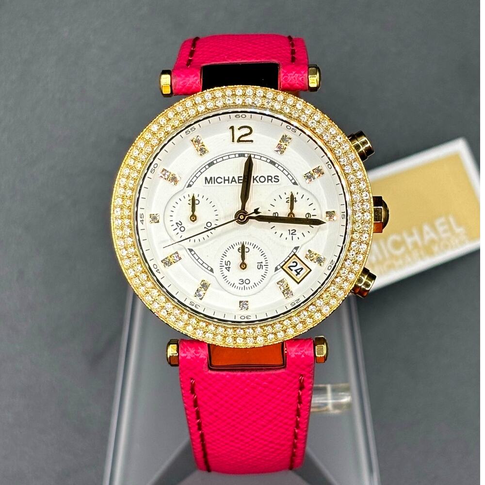 Michael Kors Parker MK2297 Crystal Chronograph Pink Leather Watch NWT